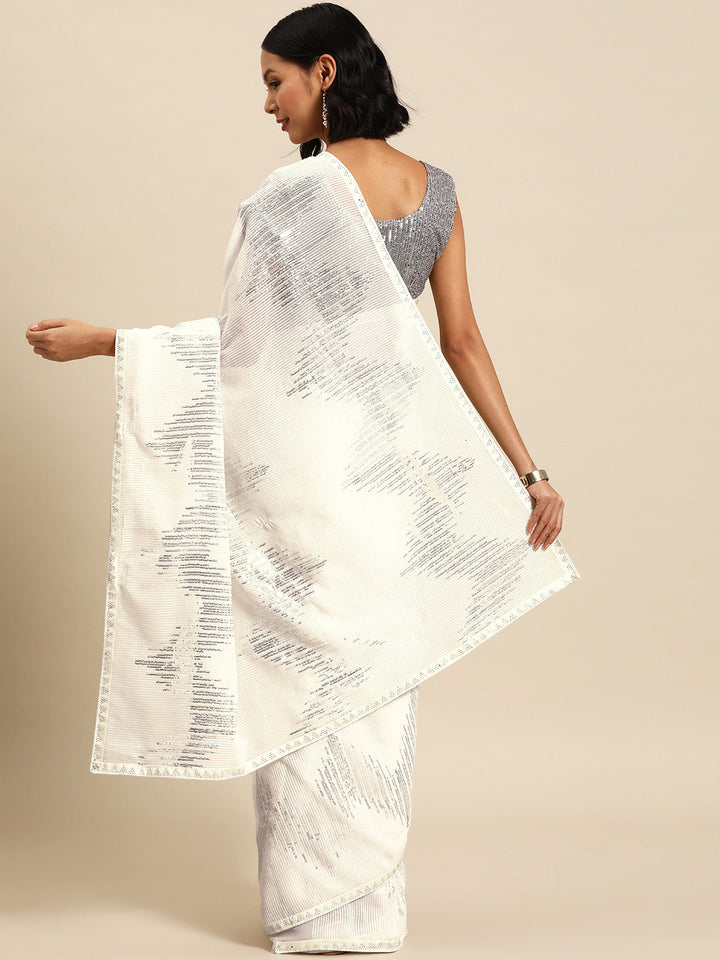 White Silver Sequence Embellished Light Festive Chiffion Bling Saree