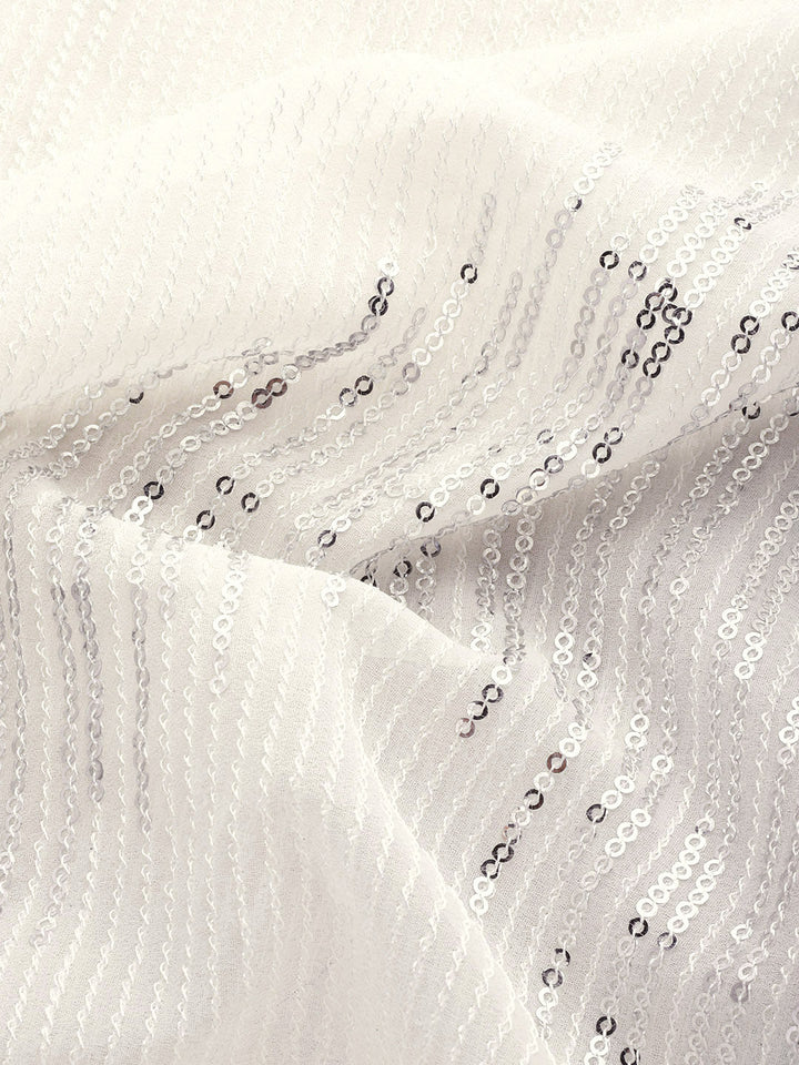 White Silver Sequence Embellished Light Festive Chiffion Bling Saree