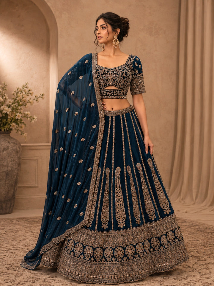 Teal Blue Georgette Lehenga Choli with Heavy Zari & Sequin Paisley Embroidery & Floral Buti Dupatta