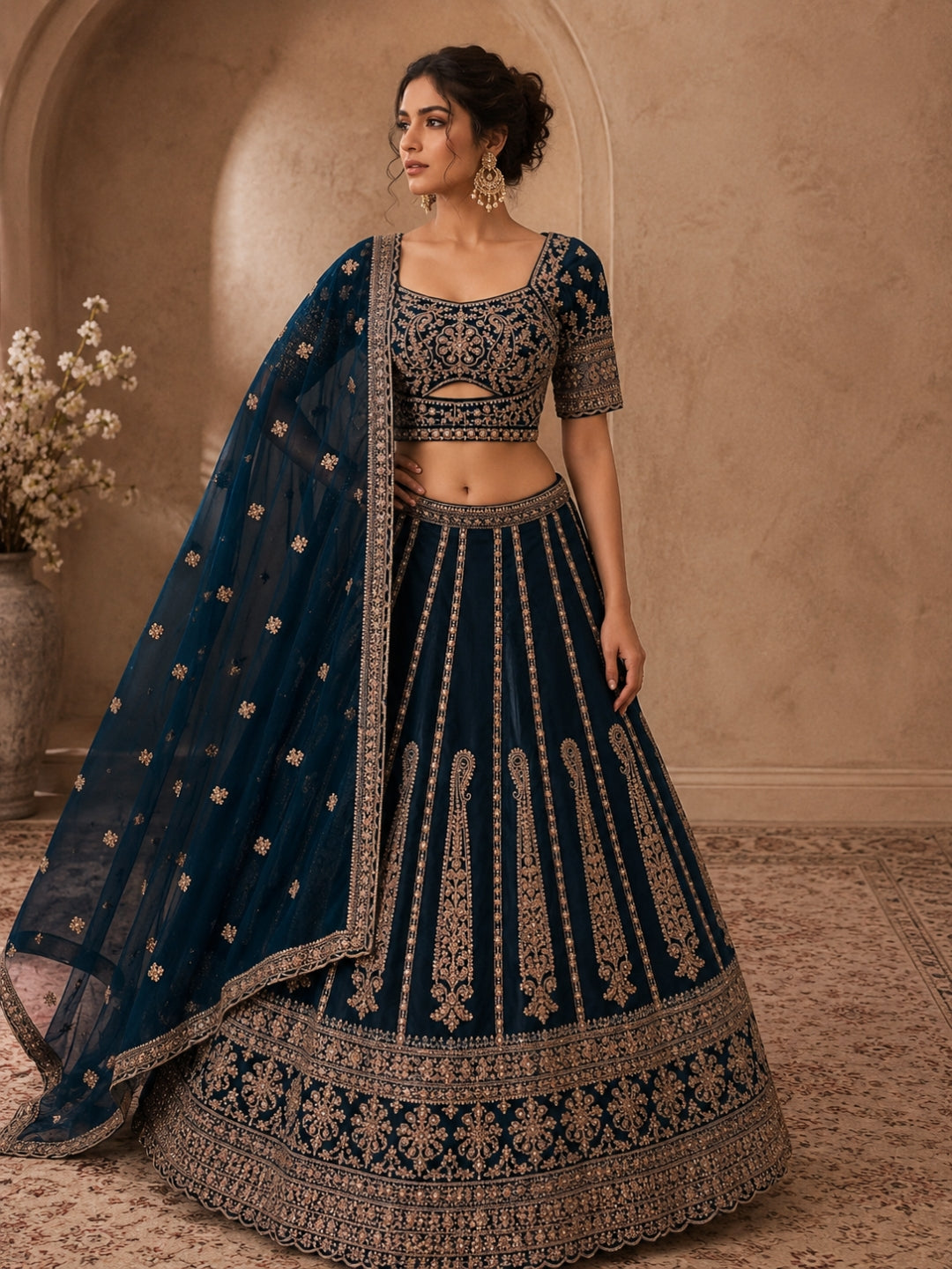 Teal Blue Georgette Lehenga Choli with Heavy Zari & Sequin Paisley Embroidery & Floral Buti Dupatta