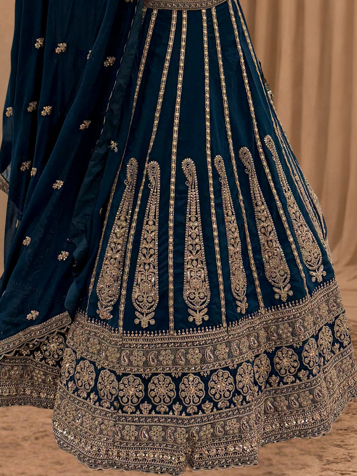 Teal Blue Georgette Lehenga Choli with Heavy Zari & Sequin Paisley Embroidery & Floral Buti Dupatta