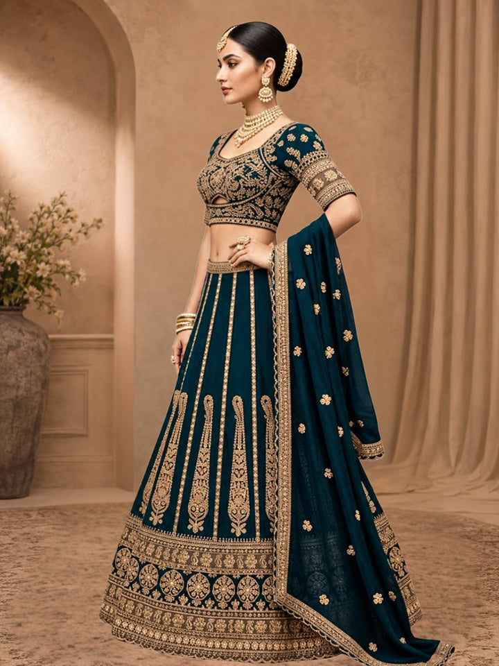 Teal Blue Georgette Lehenga Choli with Heavy Zari & Sequin Paisley Embroidery & Floral Buti Dupatta
