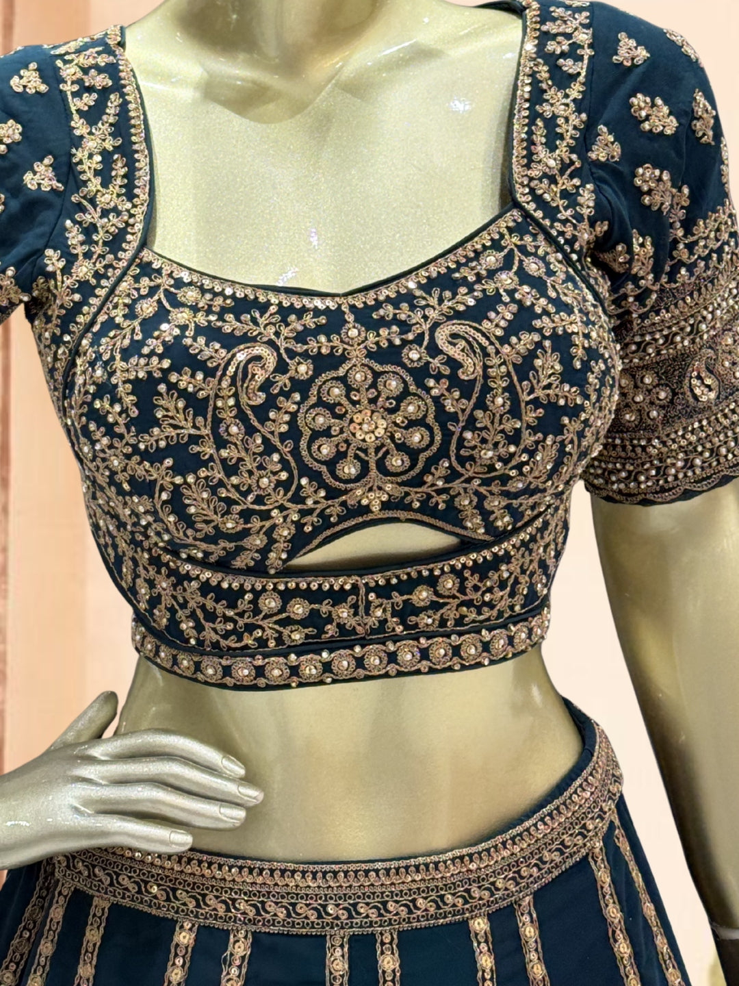 Teal Blue Georgette Lehenga Choli with Heavy Zari & Sequin Paisley Embroidery & Floral Buti Dupatta