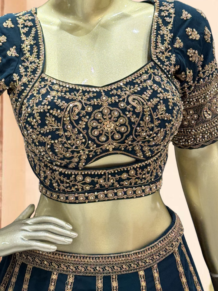 Teal Blue Georgette Lehenga Choli with Heavy Zari & Sequin Paisley Embroidery & Floral Buti Dupatta