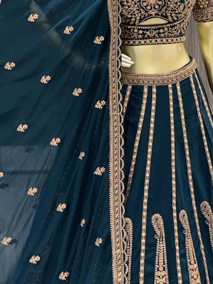 Teal Blue Georgette Lehenga Choli with Heavy Zari & Sequin Paisley Embroidery & Floral Buti Dupatta