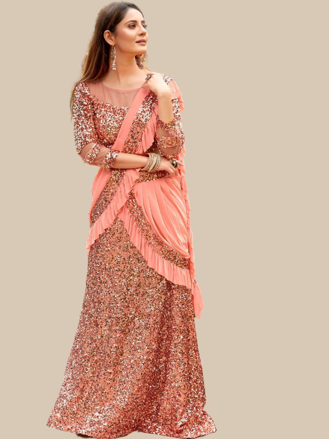 Peach Metallic Sequinned Party Wear Lehenga Saree with Ruffled pallu