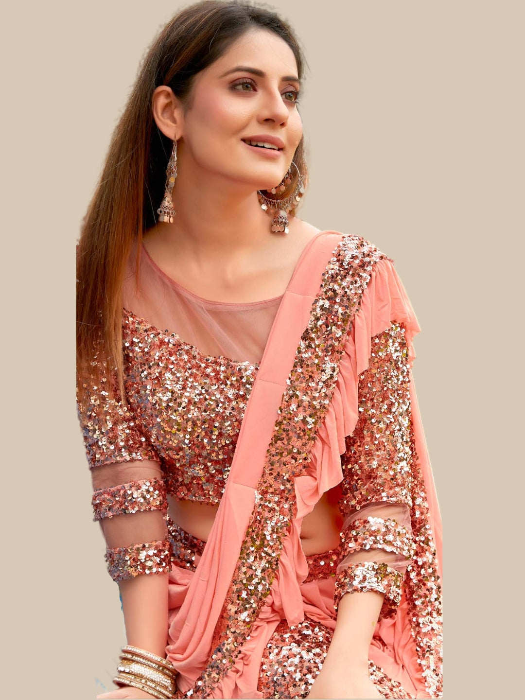 Peach Metallic Sequinned Party Wear Lehenga Saree with Ruffled pallu