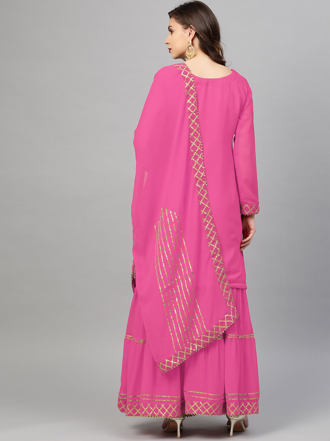 Made to Measure Pink Embellished Kurta Set With gota patti embroidery and tiered sharara