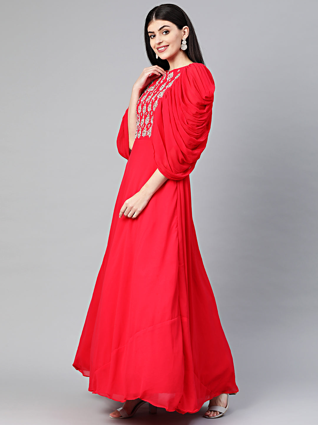 Embellished Anarkali Cocktail Gown with Ruffled Sleeves