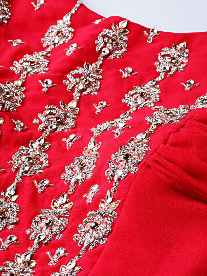 Embellished Anarkali Cocktail Gown with Ruffled Sleeves