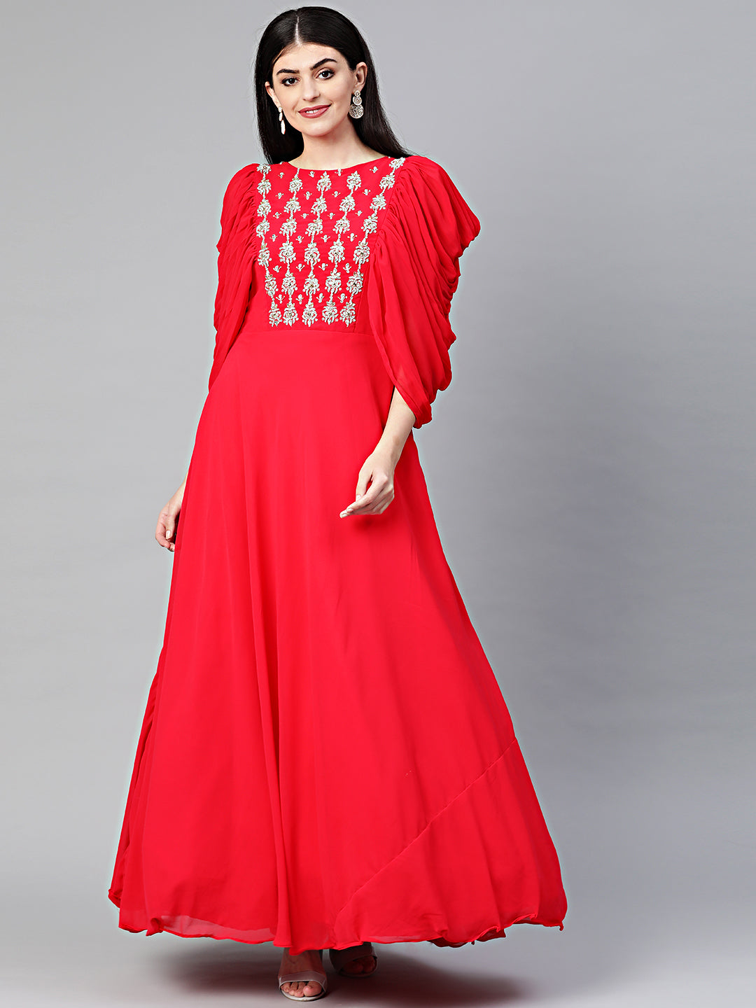 Embellished Anarkali Cocktail Gown with Ruffled Sleeves