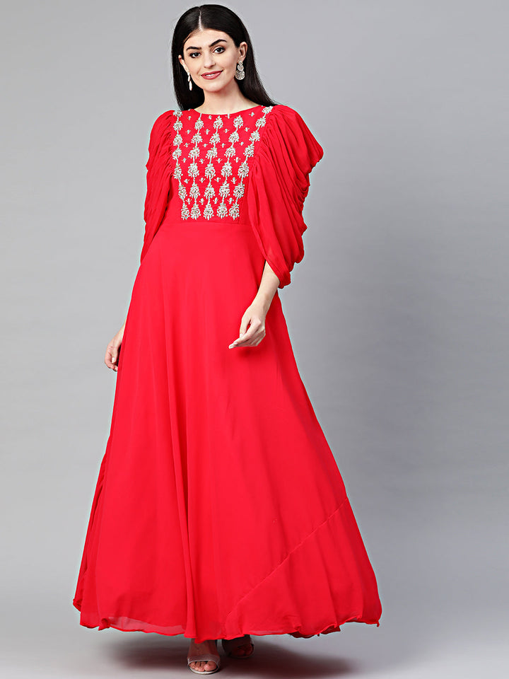 Embellished Anarkali Cocktail Gown with Ruffled Sleeves
