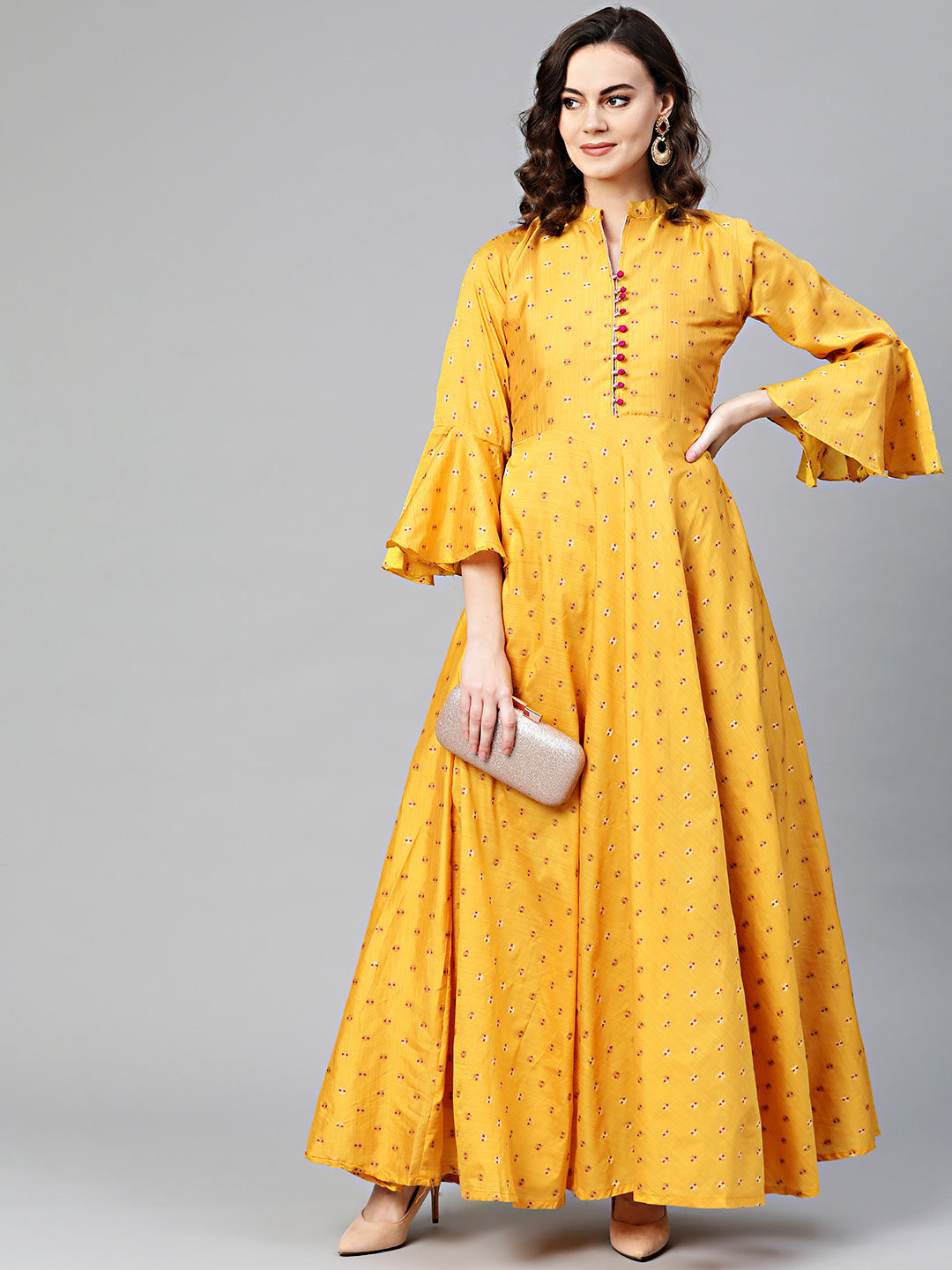 Anarkali Printed Kurta Dress with Bell Sleeves