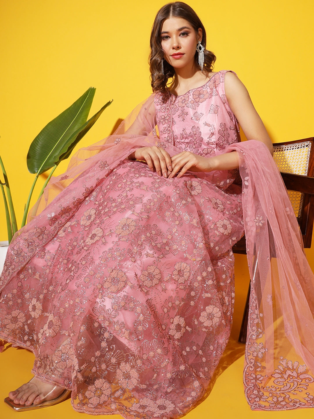 Pastel Pink Beads and Crystal Embellished Kalidar Flared Gown
