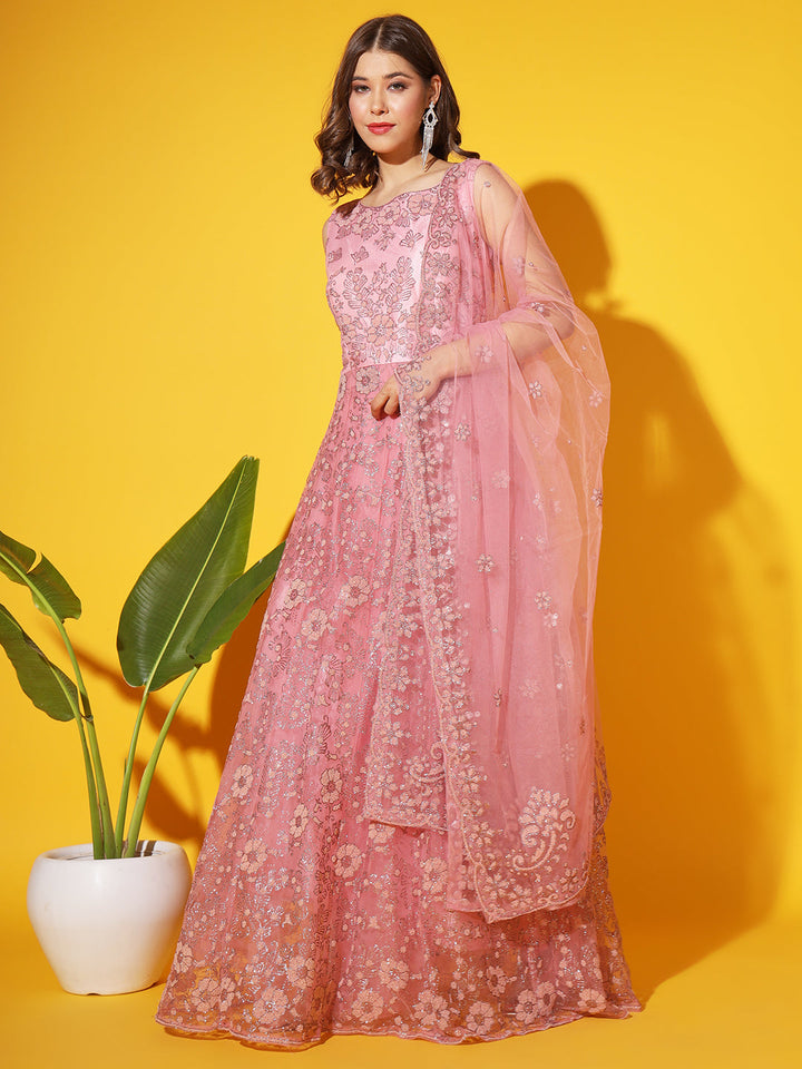 Pastel Pink Beads and Crystal Embellished Kalidar Flared Gown