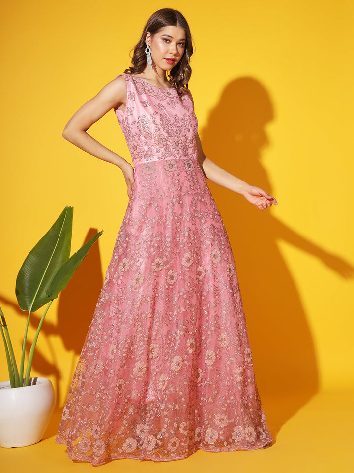 Pastel Pink Beads and Crystal Embellished Kalidar Flared Gown