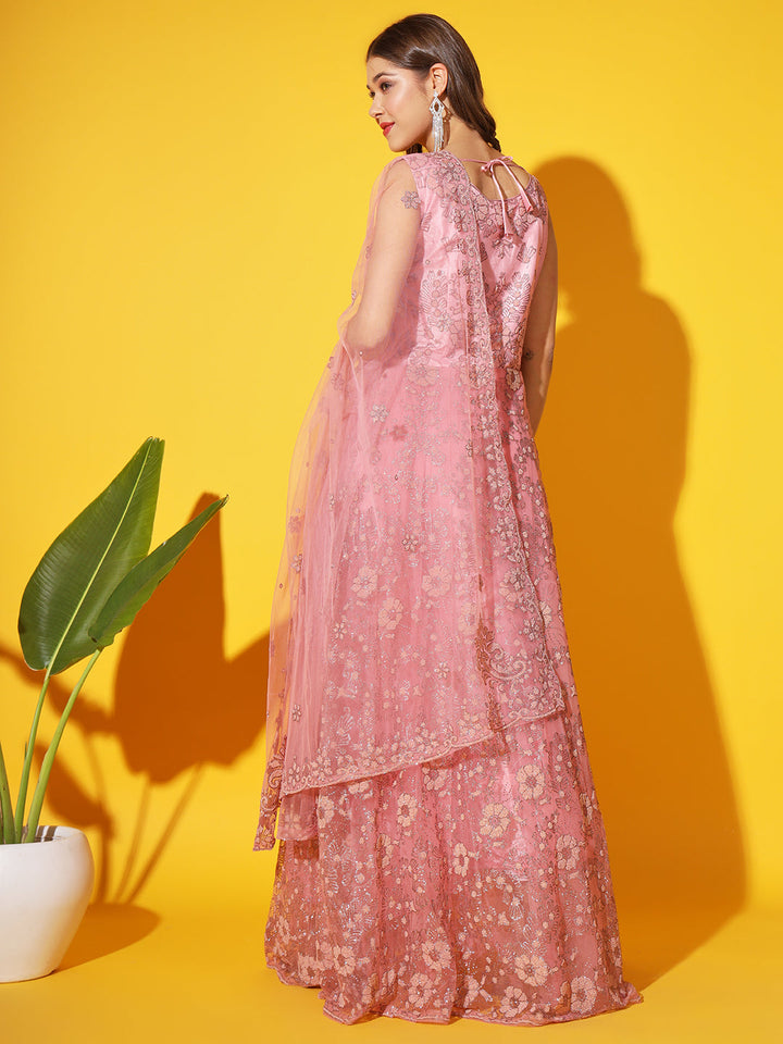 Pastel Pink Beads and Crystal Embellished Kalidar Flared Gown