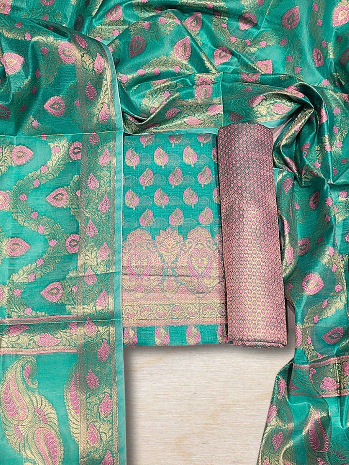 Meenakari Handloom Suit with Tropical leaf pattern, Tasseled Dupatta & Brocade Salwar