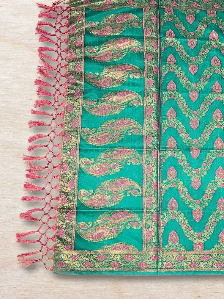 Meenakari Handloom Suit with Tropical leaf pattern, Tasseled Dupatta & Brocade Salwar
