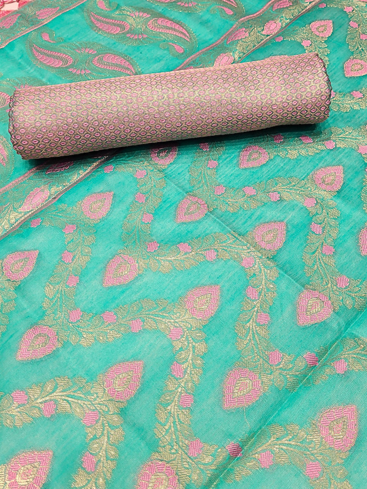 Meenakari Handloom Suit with Tropical leaf pattern, Tasseled Dupatta & Brocade Salwar