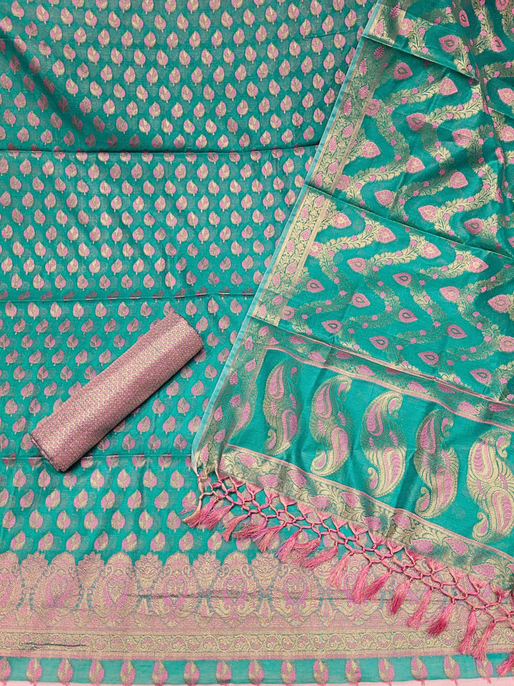 Meenakari Handloom Suit with Tropical leaf pattern, Tasseled Dupatta & Brocade Salwar