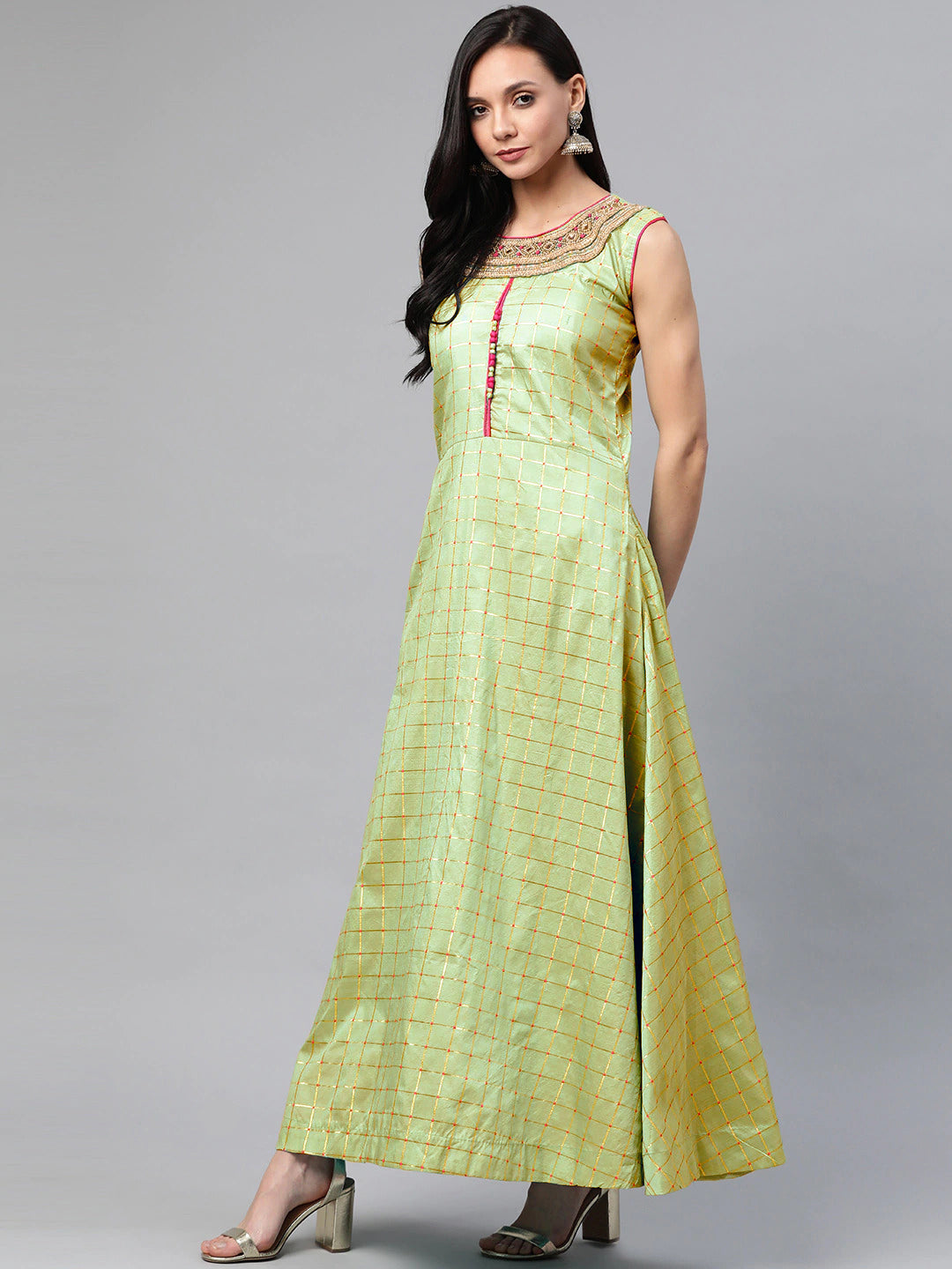 Made to Measure Green & Pink Pastel Embroidered Anarkali Set with Banarasi Dupatta