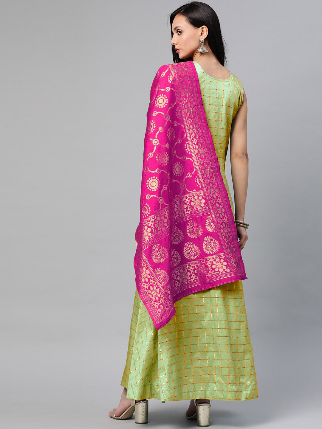 Made to Measure Green & Pink Pastel Embroidered Anarkali Set with Banarasi Dupatta