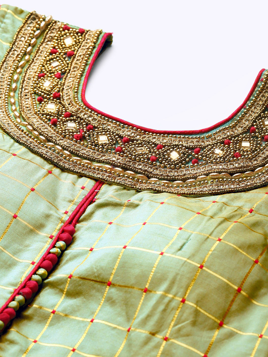 Made to Measure Green & Pink Pastel Embroidered Anarkali Set with Banarasi Dupatta