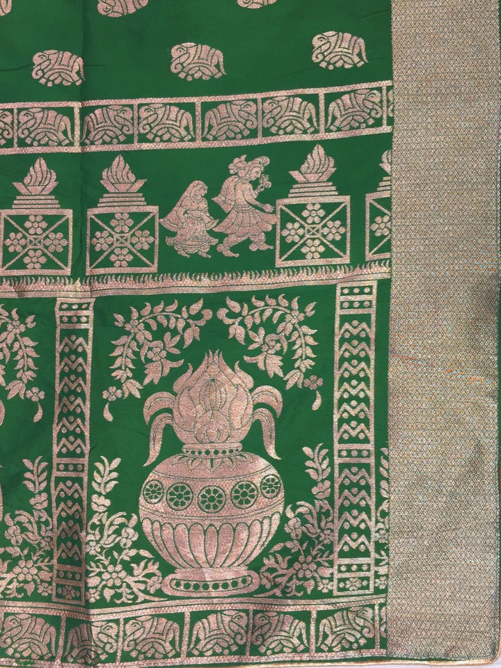 Magenta & Green Baluchari Design  Embroidered Banarasi Silk Lehenga Choli & Dupatta