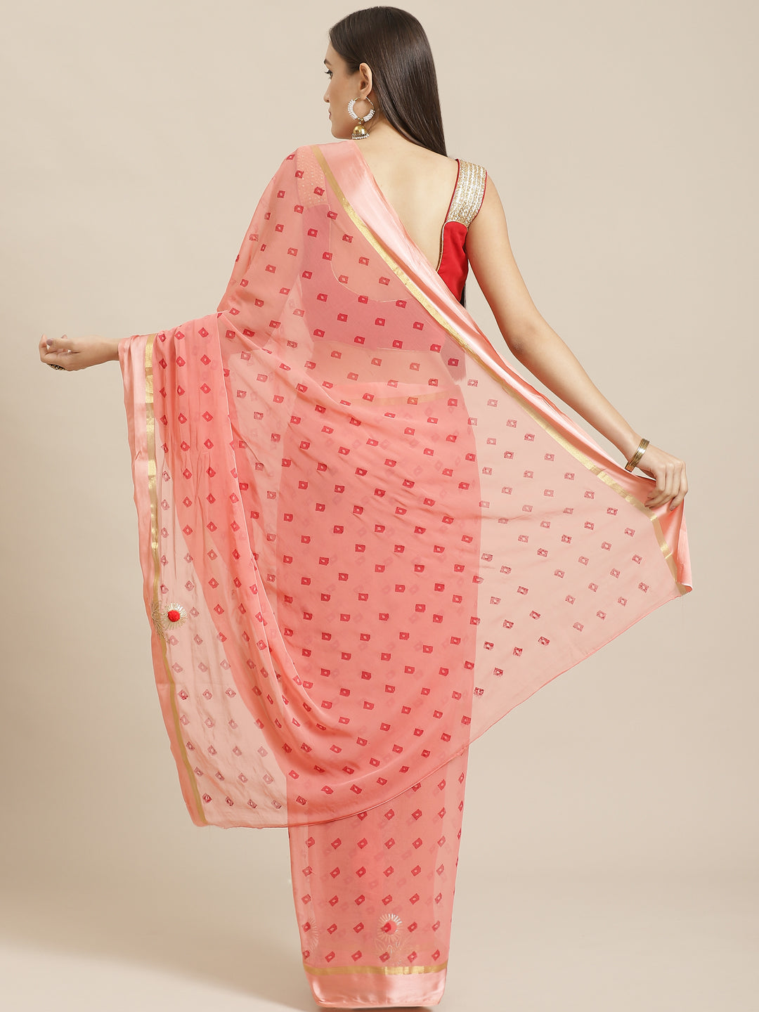 Peach Chiffon Saree with Bandhani Jaipuri Print & Gota Patti Embroidery & Zari Border