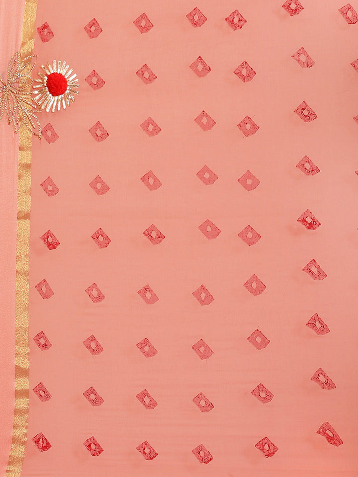 Peach Chiffon Saree with Bandhani Jaipuri Print & Gota Patti Embroidery & Zari Border