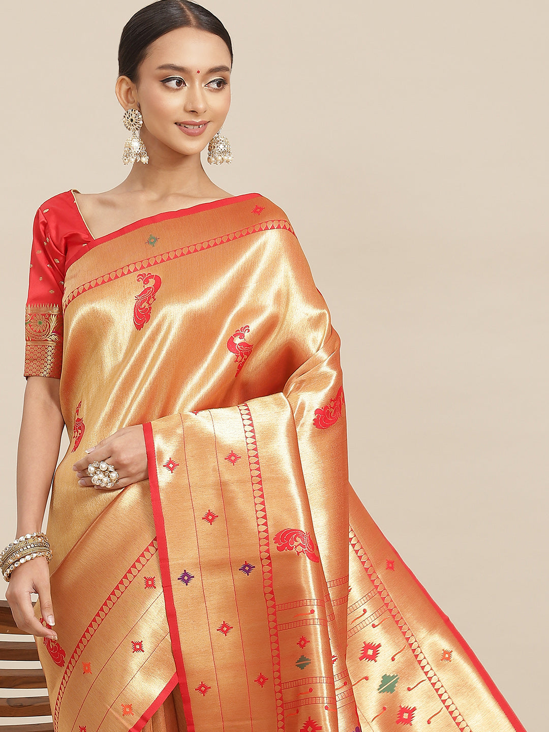 Red Zari Handwoven Paithani Silk Saree with Meenakari Peacock Motifs