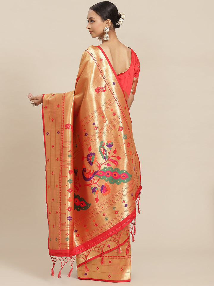 Red Zari Handwoven Paithani Silk Saree with Meenakari Peacock Motifs