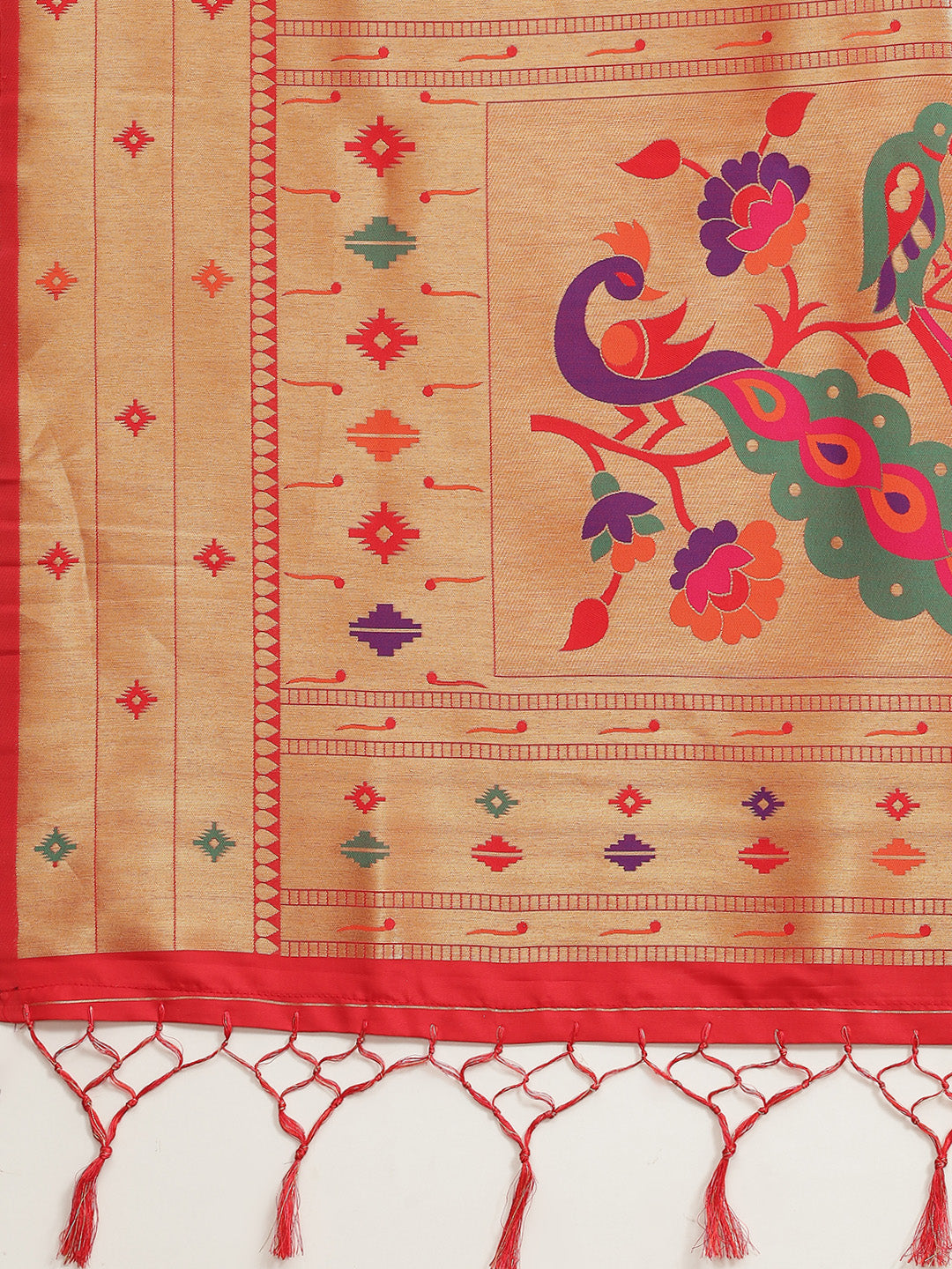 Red Zari Handwoven Paithani Silk Saree with Meenakari Peacock Motifs