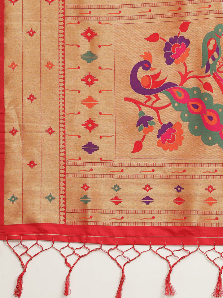 Red Zari Handwoven Paithani Silk Saree with Meenakari Peacock Motifs