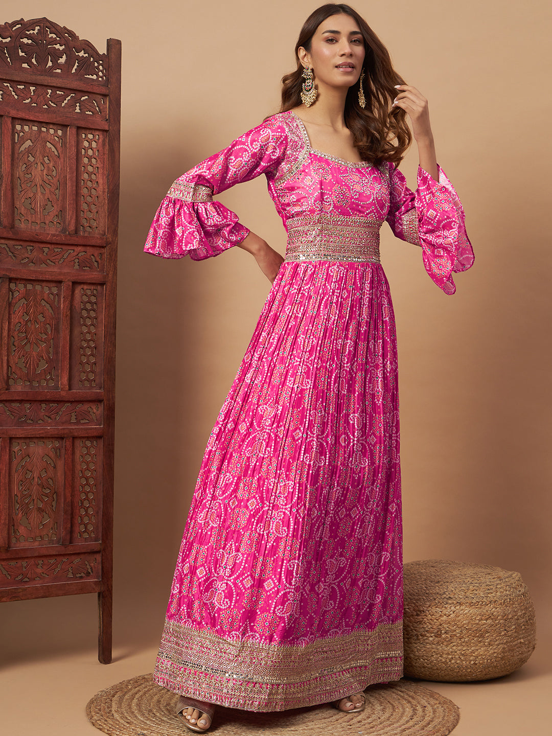 Chhabra 555 Bandhani Print Embellished Pleated Gown with Sequin Embroidery, Bell Sleeves & Dupatta