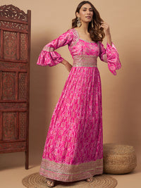 Chhabra 555 Bandhani Print Embellished Pleated Gown with Sequin Embroidery, Bell Sleeves & Dupatta