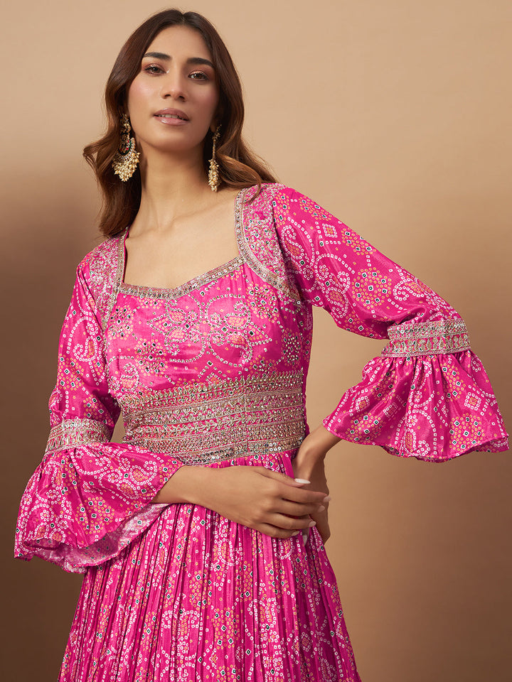 Chhabra 555 Bandhani Print Embellished Pleated Gown with Sequin Embroidery, Bell Sleeves & Dupatta