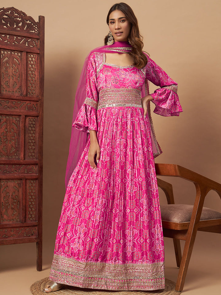 Chhabra 555 Bandhani Print Embellished Pleated Gown with Sequin Embroidery, Bell Sleeves & Dupatta