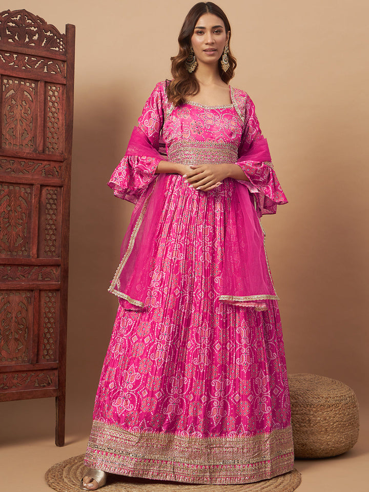 Chhabra 555 Bandhani Print Embellished Pleated Gown with Sequin Embroidery, Bell Sleeves & Dupatta