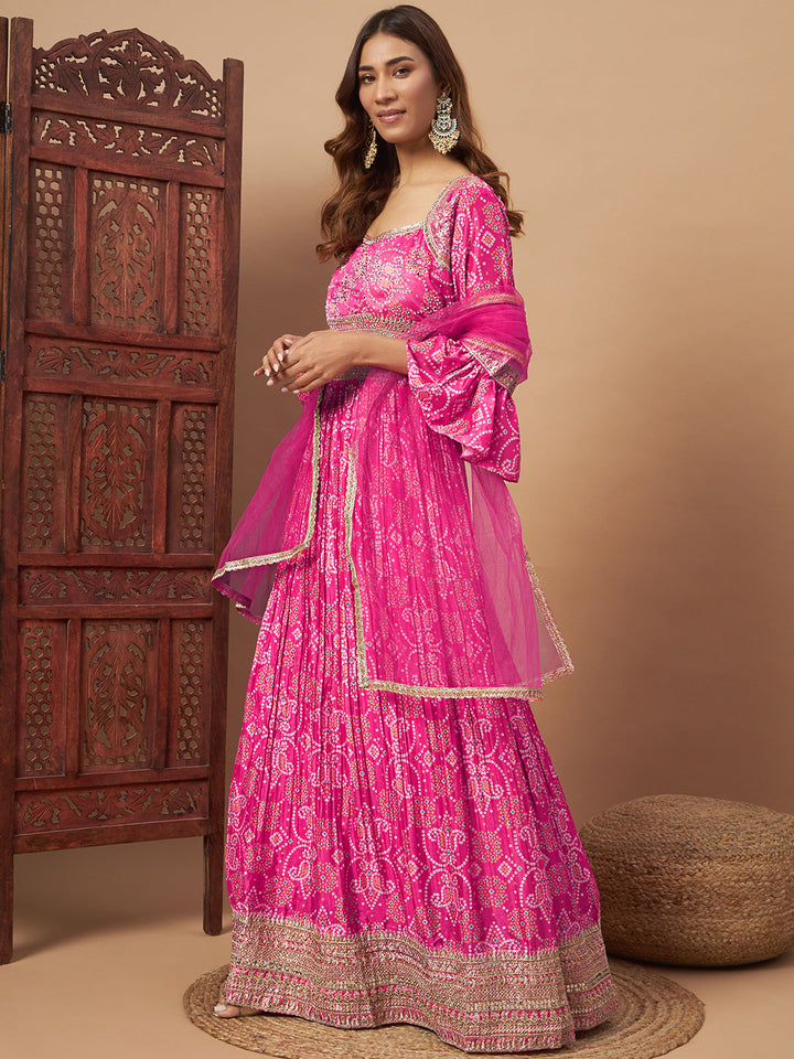 Chhabra 555 Bandhani Print Embellished Pleated Gown with Sequin Embroidery, Bell Sleeves & Dupatta