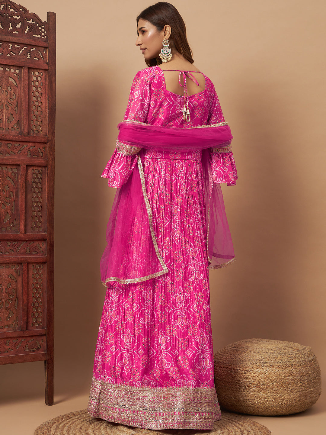 Chhabra 555 Bandhani Print Embellished Pleated Gown with Sequin Embroidery, Bell Sleeves & Dupatta