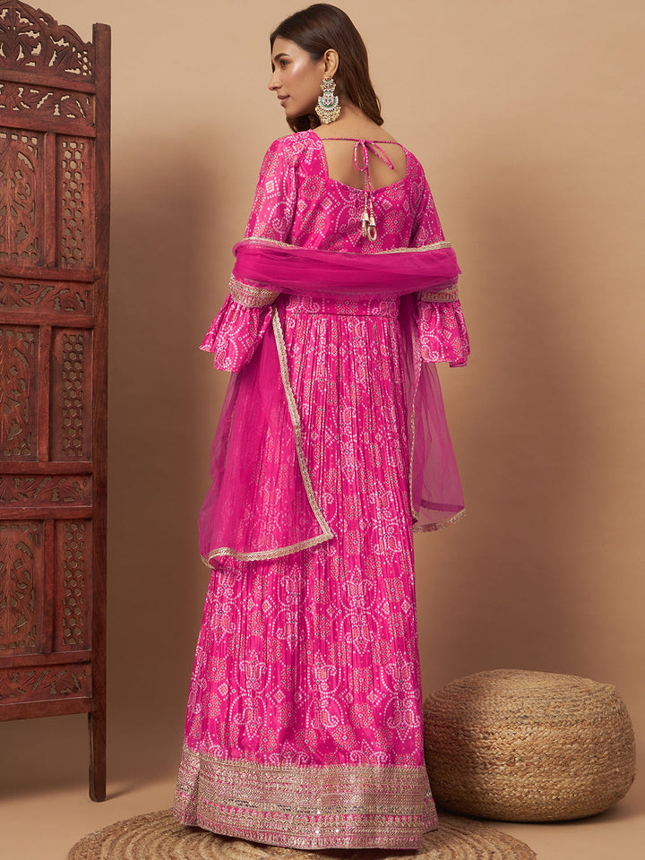 Chhabra 555 Bandhani Print Embellished Pleated Gown with Sequin Embroidery, Bell Sleeves & Dupatta