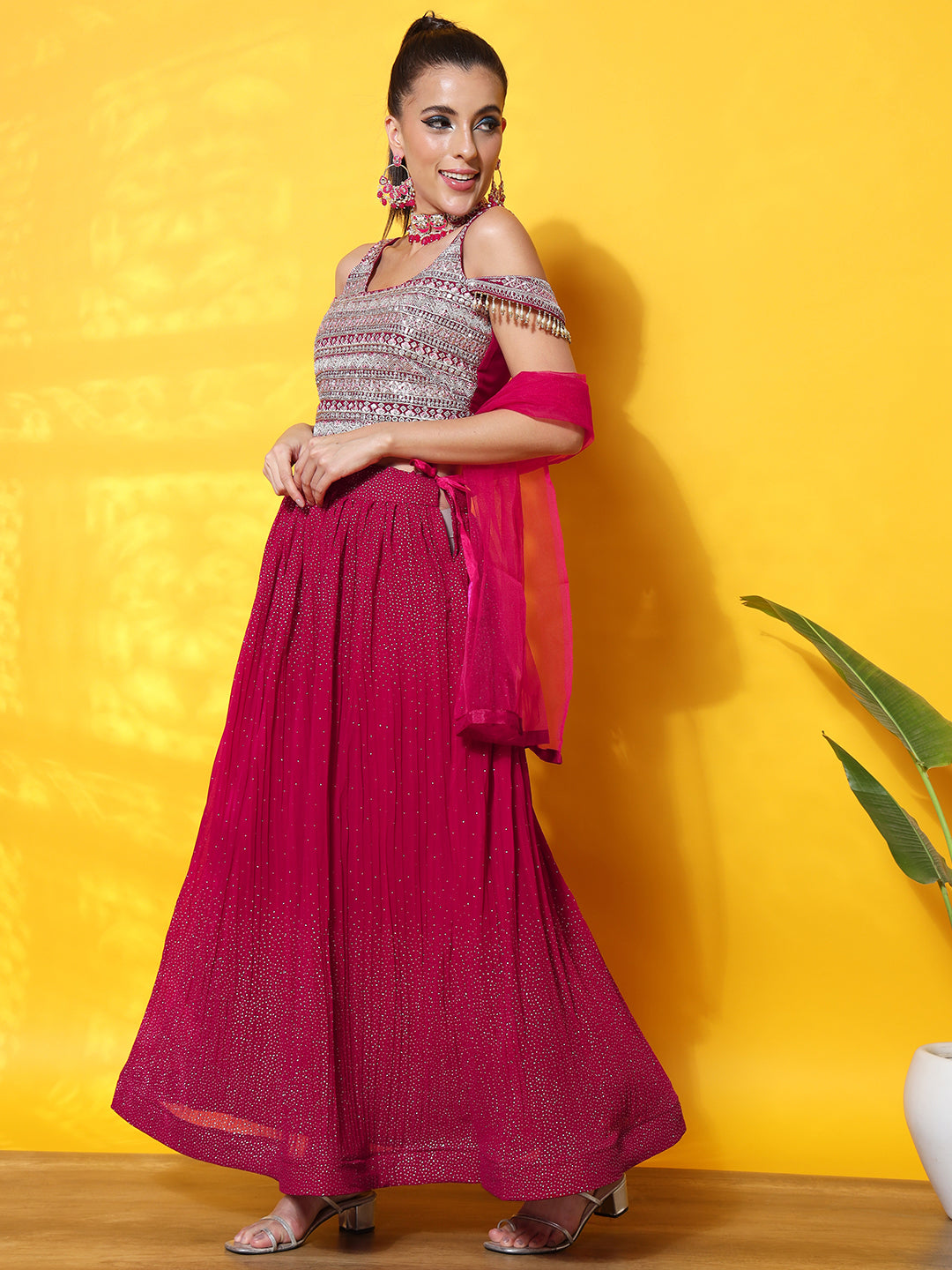 Cold Shoulder Crop Top with Georgette Pleated Foil Print Lehenga