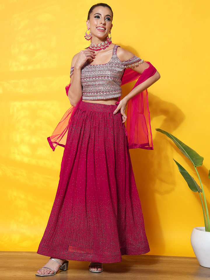 Cold Shoulder Crop Top with Georgette Pleated Foil Print Lehenga