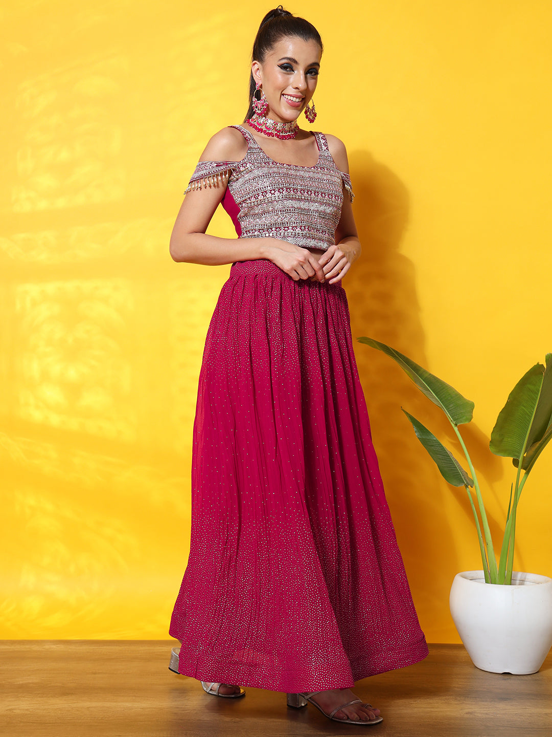 Cold Shoulder Crop Top with Georgette Pleated Foil Print Lehenga
