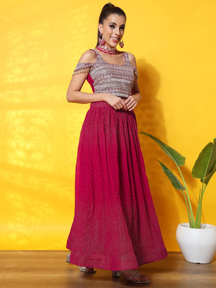 Cold Shoulder Crop Top with Georgette Pleated Foil Print Lehenga