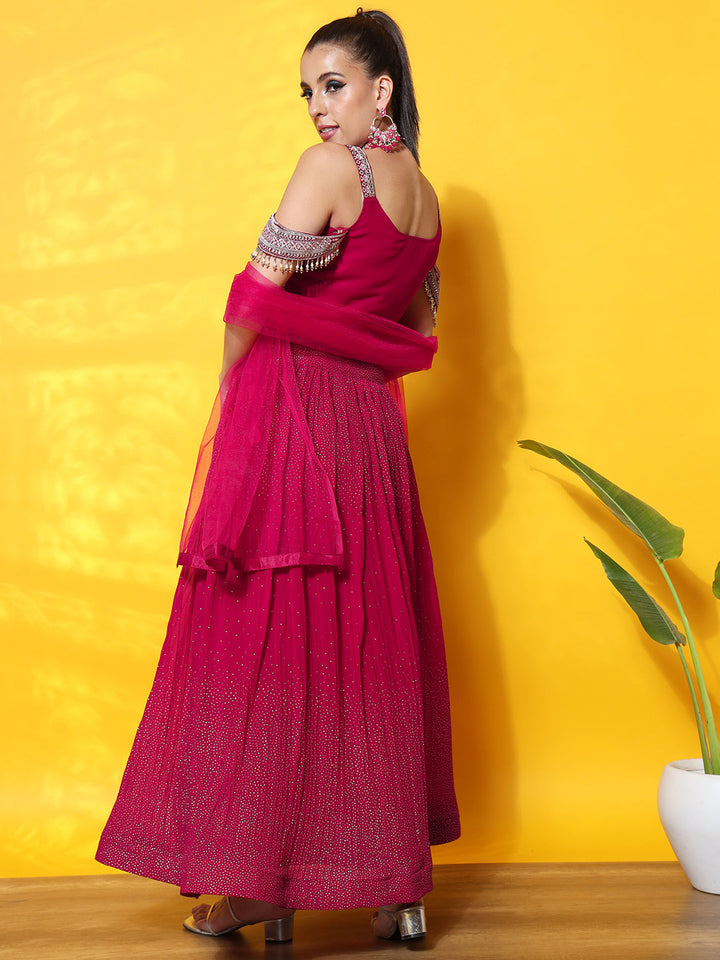 Cold Shoulder Crop Top with Georgette Pleated Foil Print Lehenga