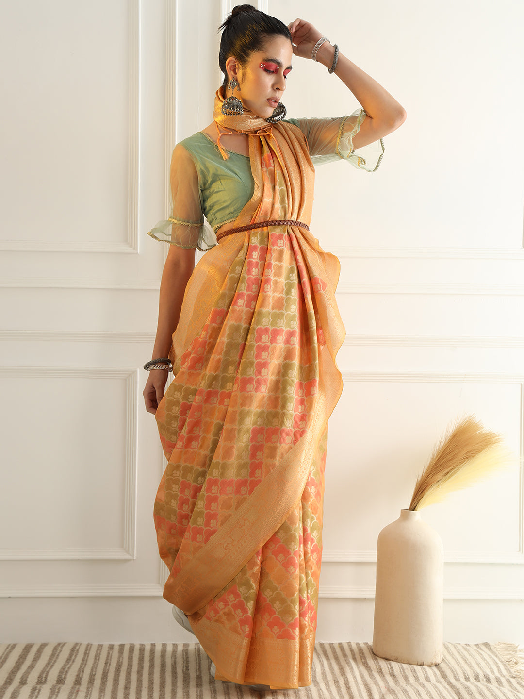 Banarasi Chanderi Saree with Multi Color Ombre style Resham Motifs