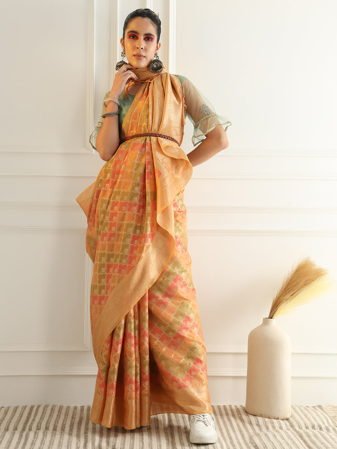 Banarasi Chanderi Saree with Multi Color Ombre style Resham Motifs
